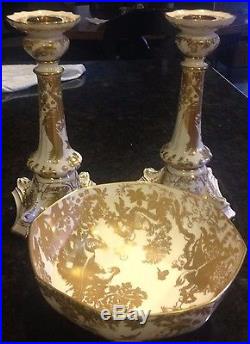 Royal Crown Derby Golden Aves Candlesticks and Bowl