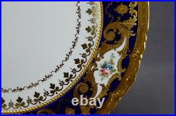 Royal Crown Derby Hand Painted Pink Rose Beaded Gold Scrollwork & Cobalt Plate