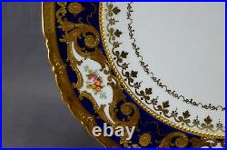 Royal Crown Derby Hand Painted Pink Rose Beaded Gold Scrollwork & Cobalt Plate