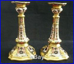 Royal Crown Derby Imari 1128 Solid Gold Band Pair Castleton 7Candlesticks Boxed