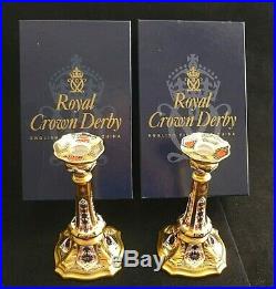 Royal Crown Derby Imari 1128 Solid Gold Band Pair Castleton 7Candlesticks Boxed