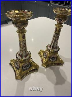 Royal Crown Derby Imari 1128 Solid Gold Band Pair Large Candlesticks 11 27cm