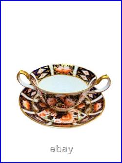Royal Crown Derby Imari pattern # 9571 soup bowl with two handles and saucer
