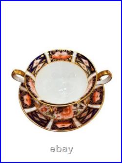 Royal Crown Derby Imari pattern # 9571 soup bowl with two handles and saucer
