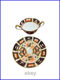 Royal Crown Derby Imari pattern # 9571 soup bowl with two handles and saucer