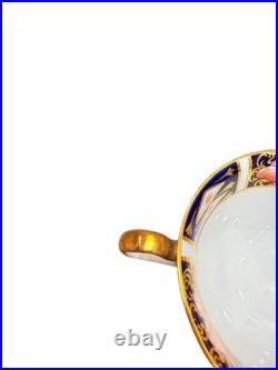 Royal Crown Derby Imari pattern # 9571 soup bowl with two handles and saucer