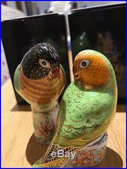 Royal Crown Derby Lovebirds paperweight pair -gold stoppers, boxed etc WOW