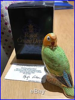 Royal Crown Derby Lovebirds paperweight pair -gold stoppers, boxed etc WOW