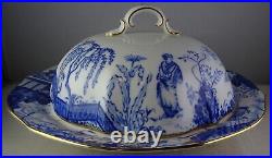 Royal Crown Derby Mikado Muffin Dish withLid Asian Scene Blue withGold Trim