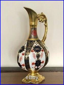Royal Crown Derby Old Imari 1128 Ewer Solid Gold Band Swan Necked Vase