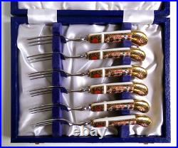 Royal Crown Derby Old Imari Boxed Fruit Forks with Porcelain Handles Set of 6