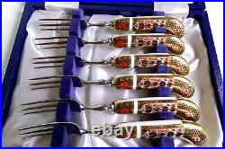 Royal Crown Derby Old Imari Boxed Fruit Forks with Porcelain Handles Set of 6