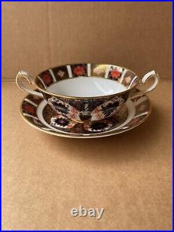 Royal Crown Derby Old Imari Elizabeth 1128 Cream Soup Bowl Handles & Saucer