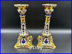 Royal Crown Derby Old Imari Large Candle Stick Holders Pair Bone China England