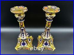 Royal Crown Derby Old Imari Large Candle Stick Holders Pair Bone China England