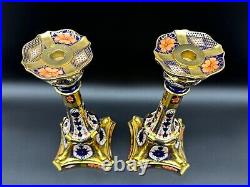 Royal Crown Derby Old Imari Large Candle Stick Holders Pair Bone China England