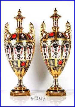 Royal Crown Derby Pair Of Old Imari Solid Gold Band 12 Vases 1128