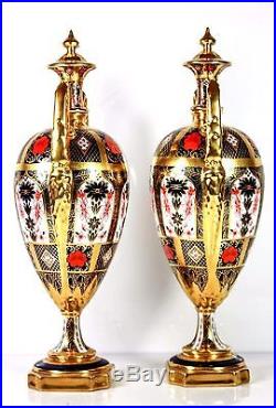 Royal Crown Derby Pair Of Old Imari Solid Gold Band 12 Vases 1128