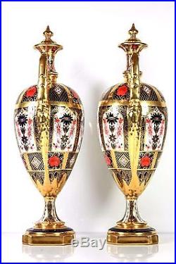 Royal Crown Derby Pair Of Old Imari Solid Gold Band 12 Vases 1128