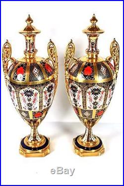 Royal Crown Derby Pair Of Old Imari Solid Gold Band 12 Vases 1128