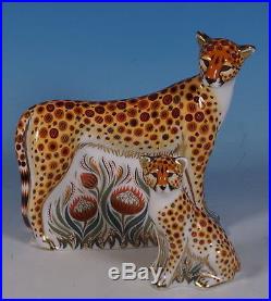 Royal Crown Derby Paperweights Cheetah Mother & Cub Goviers Gold Stoppers, Boxes