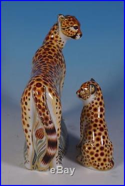 Royal Crown Derby Paperweights Cheetah Mother & Cub Goviers Gold Stoppers, Boxes