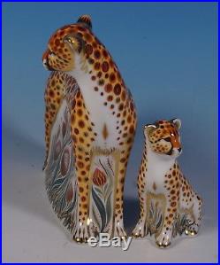 Royal Crown Derby Paperweights Cheetah Mother & Cub Goviers Gold Stoppers, Boxes