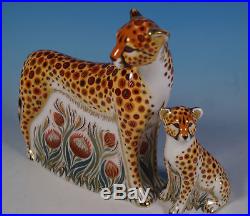 Royal Crown Derby Paperweights Cheetah Mother & Cub Goviers Gold Stoppers, Boxes