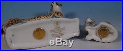 Royal Crown Derby Paperweights Cheetah Mother & Cub Goviers Gold Stoppers, Boxes