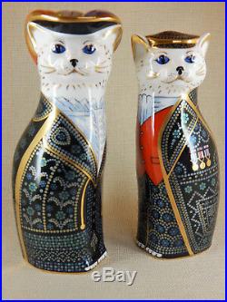 Royal Crown Derby Pearly Queen & King Cat Figurines, 1989 LII, LIV set of 2