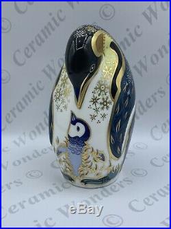 Royal Crown Derby Penguin And Chick Paperweight Boxed Gold Stopper