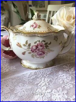 Royal Crown Derby Pinxton Roses Teapot, Sugar, Milk, White & Pink 22 Kt Gold