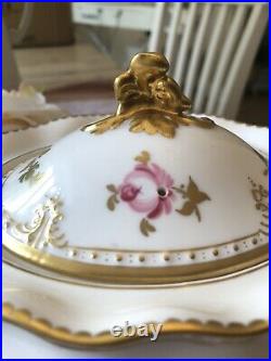 Royal Crown Derby Pinxton Roses Teapot, Sugar, Milk, White & Pink 22 Kt Gold