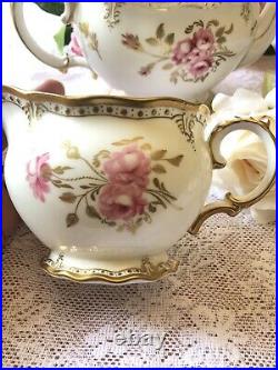 Royal Crown Derby Pinxton Roses Teapot, Sugar, Milk, White & Pink 22 Kt Gold