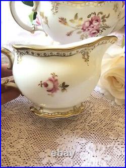 Royal Crown Derby Pinxton Roses Teapot, Sugar, Milk, White & Pink 22 Kt Gold