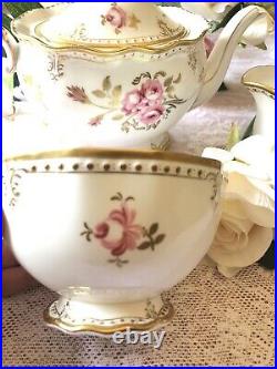 Royal Crown Derby Pinxton Roses Teapot, Sugar, Milk, White & Pink 22 Kt Gold