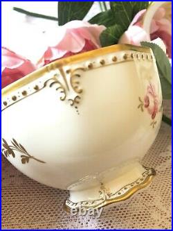 Royal Crown Derby Pinxton Roses Teapot, Sugar, Milk, White & Pink 22 Kt Gold