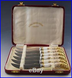 Royal Crown Derby Porcelain Handle Set of 6 Fruit Paring Knives with Fitted Box