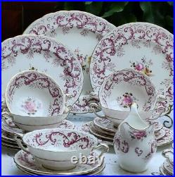 Royal Crown Derby Purple Scrolling Pattern With Posies Dinner Service A496