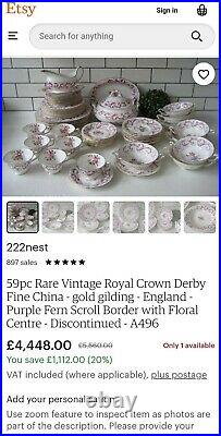 Royal Crown Derby Purple Scrolling Pattern With Posies Dinner Service A496