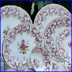 Royal Crown Derby Purple Scrolling Pattern With Posies Dinner Service A496