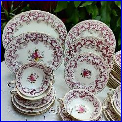 Royal Crown Derby Purple Scrolling Pattern With Posies Dinner Service A496