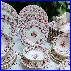 Royal Crown Derby Purple Scrolling Pattern With Posies Dinner Service A496