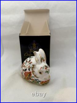 Royal Crown Derby RARE FLORAL Bunny Rabbit Gold Stopper Paperweight with Box