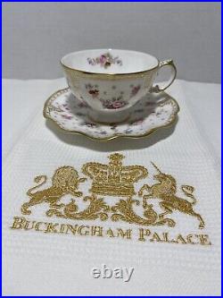 Royal Crown Derby Royal Antoinette Cup & Saucer With Buckingham Palace Tea Towel