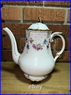 Royal Crown Derby Royal Antoinette Teapot with Lid Embossed Gold Dot Floral Swags
