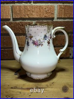 Royal Crown Derby Royal Antoinette Teapot with Lid Embossed Gold Dot Floral Swags