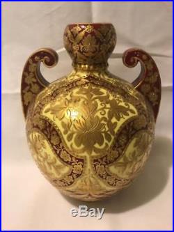 Royal Crown Derby Vase w Moorish Design Cream and Red Glazed Gilt Beaded Florals