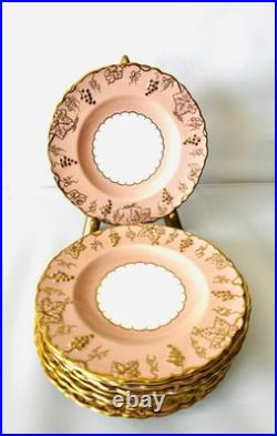 Royal Crown Derby Vine Bone China Salmon Pink Set of 8 Salad Dessert Plates