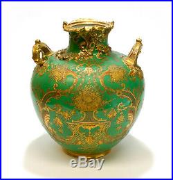 Royal Crown Derby for Tiffany & Co. Green & Gilt Encrusted Double Handled Vase